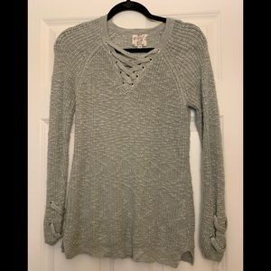 Sage Green Lace-Up Neck Sweater